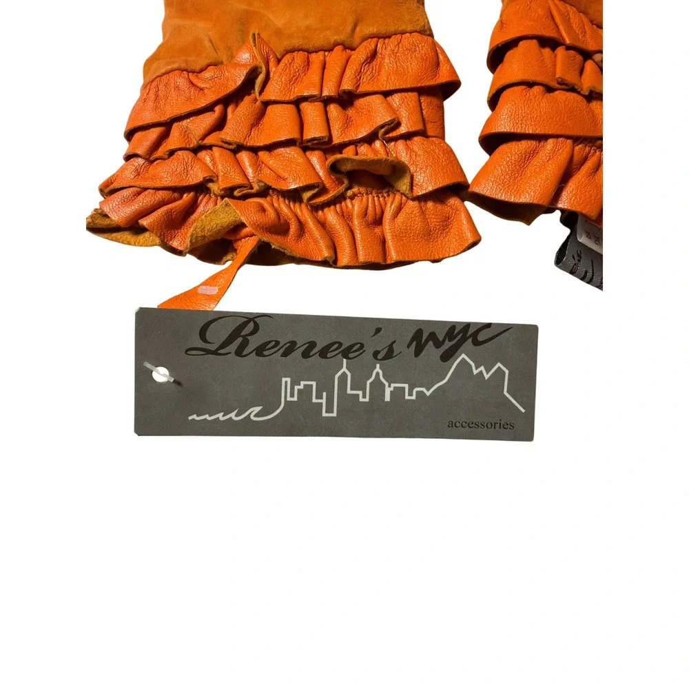 Renee's NYC Orange Suede Gloves Tiered Leather Ruffle Cuff Mid Length NWT